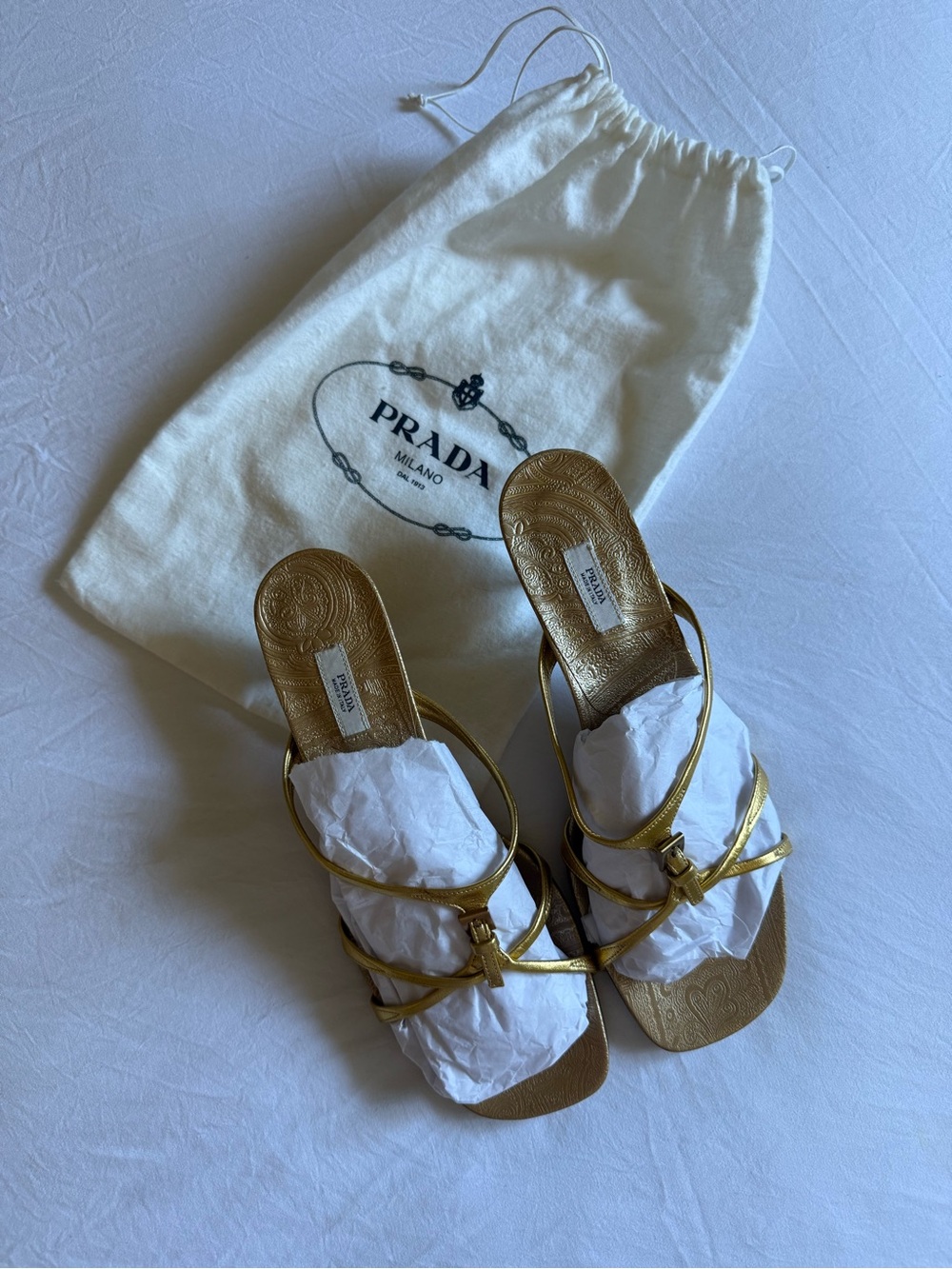 Vintage Prada Metallic Gold Strappy Kitten heels mules/Sandals, size 39.5 - Picture 7 of 14
